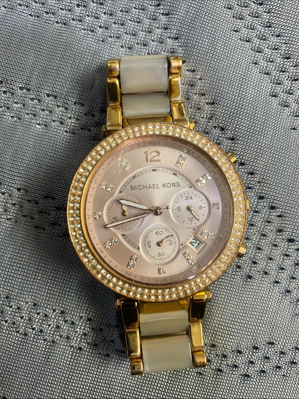 Michael Kors Gold Tone Watch with Pearl White Links and Pink Dial